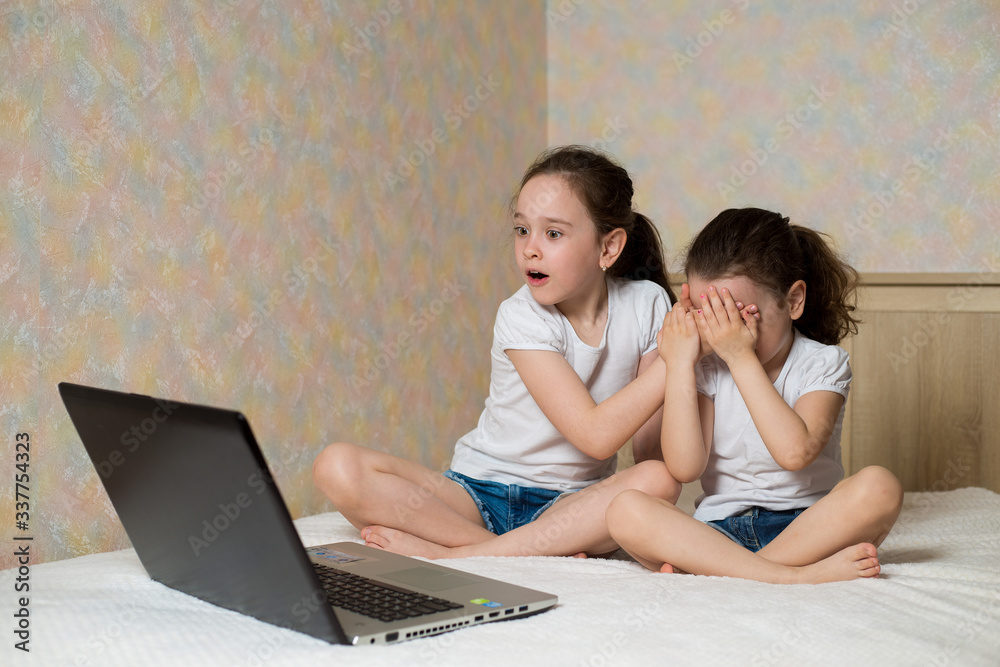 Little girl protects his sister from watching inappropriate content while using a computer. Internet safety for kids concept. Little girl protects his sister from watching inappropriate content while using a computer. Internet safety for kids concept.
