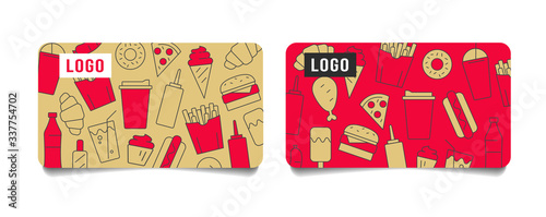Discount cards or voucher layout for fast food restaurant or delivery service with trendy pattern of line icon illustrations of food and drinks