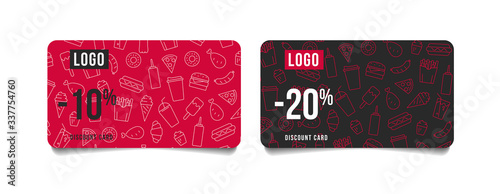 Discount cards or voucher layout with loyalty interest for fast food restaurant or delivery service with pattern of line icon of food and drinks