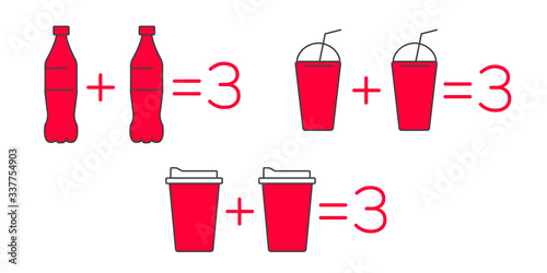 line icon illustrations for drinks promo, label with one plus one equals three graphic equation concept for soda coffee and lemonade or milkshake