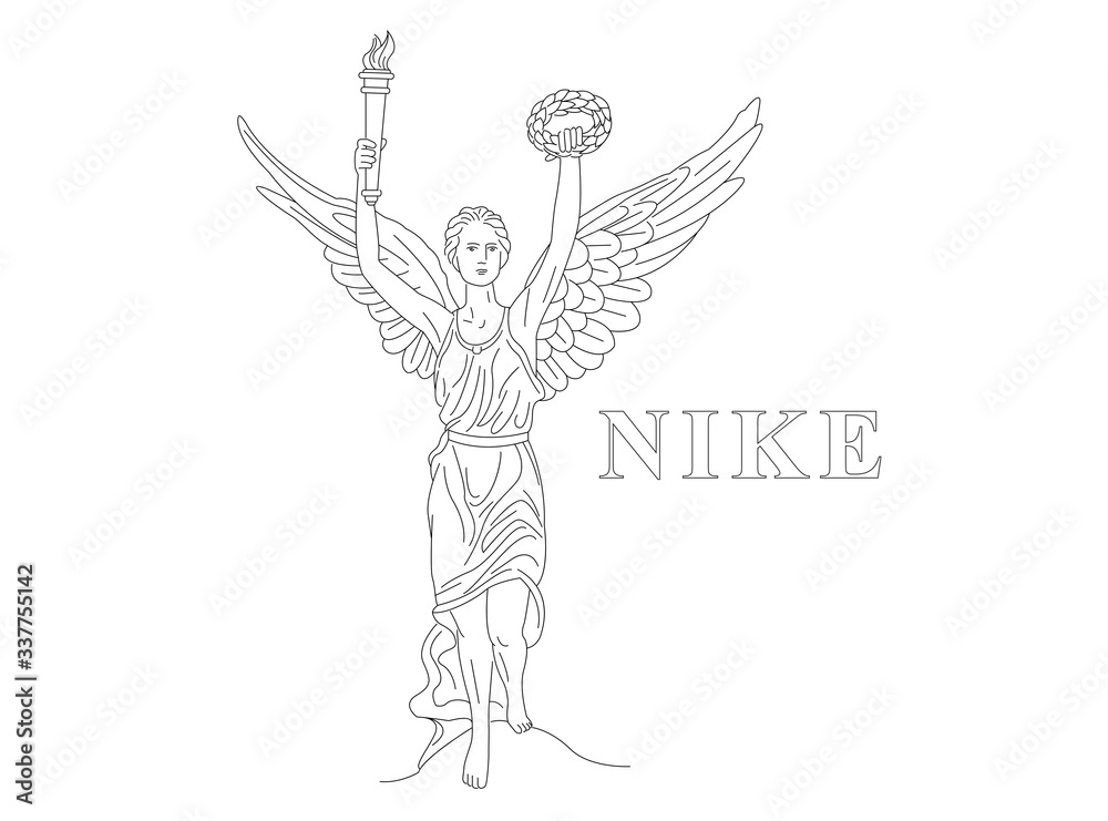 Isolated vector line illustration of antique goddess with angel wings. Nike  or Hebe holding torch with fire and wreath Stock Vector | Adobe Stock