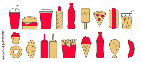 Fast food and drinks linear illustrations, menu items isolated, simple line graphic element in red and mustard yellow colors