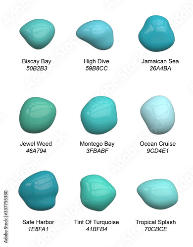 Set of handpicked aqua paint tints - vector palette of stains of sweet turquoise tinges for interior or craft with names and Hex codes
