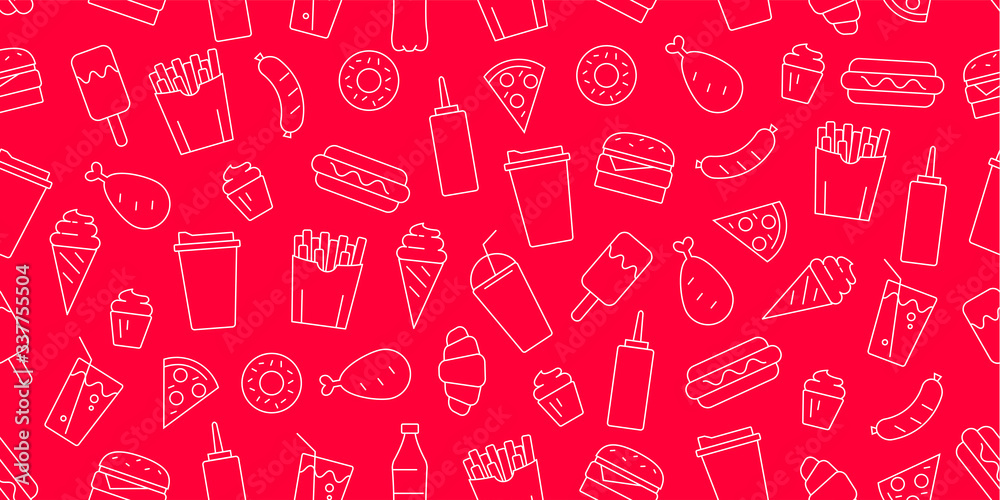Seamless pattern with fast food and drinks icon texture, thin line graphic white outline on red backdrop, wrapping graphic Seamless pattern with fast food and drinks icon texture, thin line graphic white outline on red backdrop, wrapping graphic