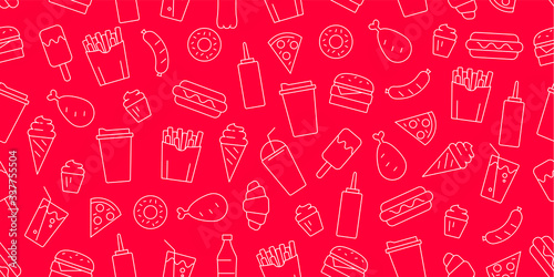 Seamless pattern with fast food and drinks icon texture, thin line graphic white outline on red backdrop, wrapping graphic