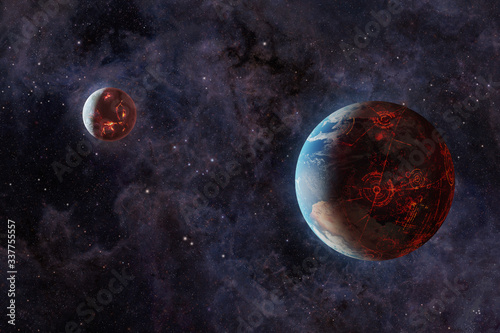 Future planet earth nad molten moon in space
