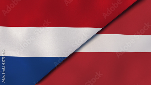 The flags of Netherlands and Latvia. News, reportage, business background. 3d illustration