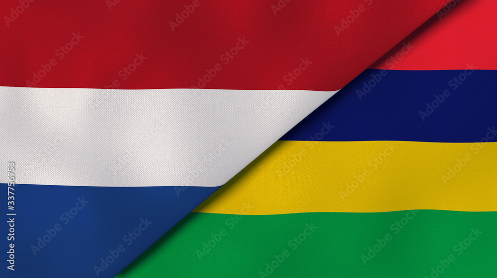 Fototapeta premium The flags of Netherlands and Mauritius. News, reportage, business background. 3d illustration