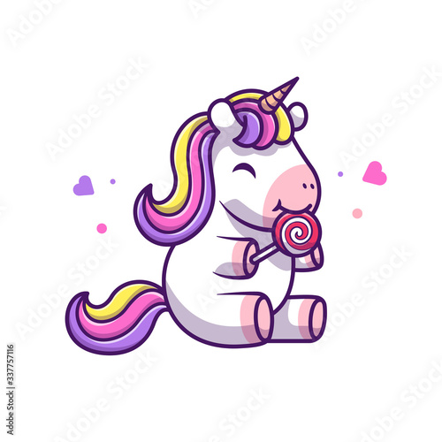 Cute Unicorn Eat Lollipop Vector Icon Illustration. Unicorn Mascot Cartoon Character. Animal Icon Concept White Isolated. Flat Cartoon Style Suitable for Web Landing Page, Banner, Flyer, Sticker, Card