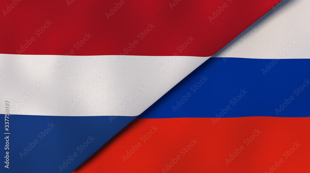 Fototapeta premium The flags of Netherlands and Russia. News, reportage, business background. 3d illustration