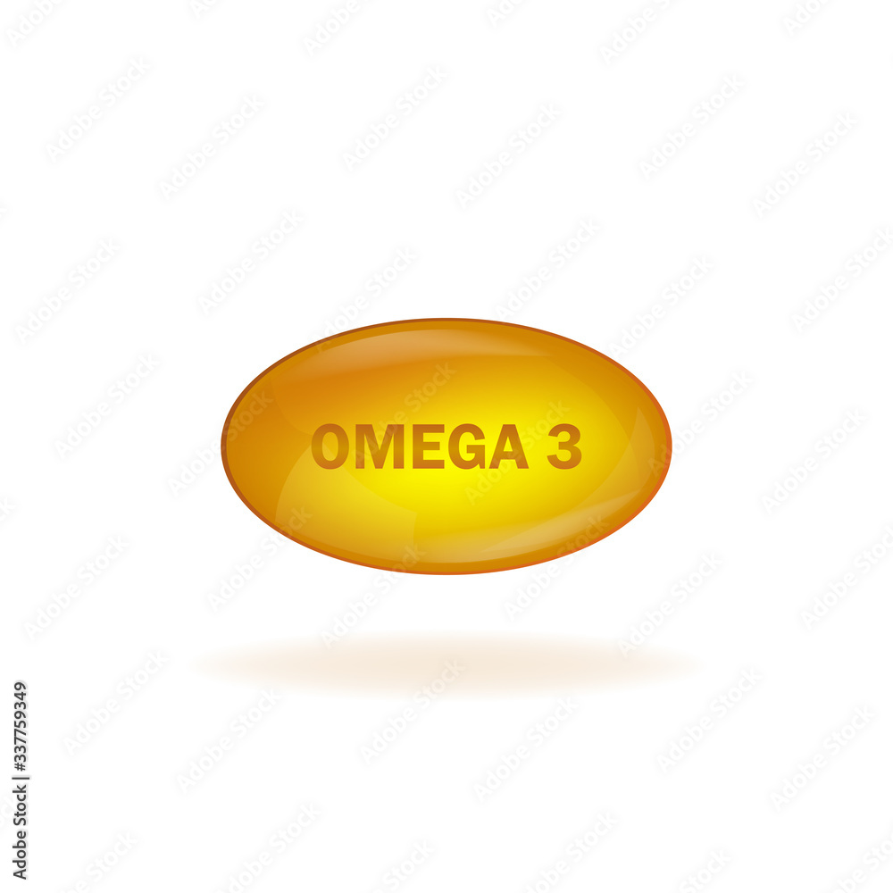 Golden omega 3 on white background. Vector design. Logo design. Logo fish. Isolated vector sign symbol. Golden omega 3 on white background. Vector design. Logo design. Logo fish. Isolated vector sign symbol.