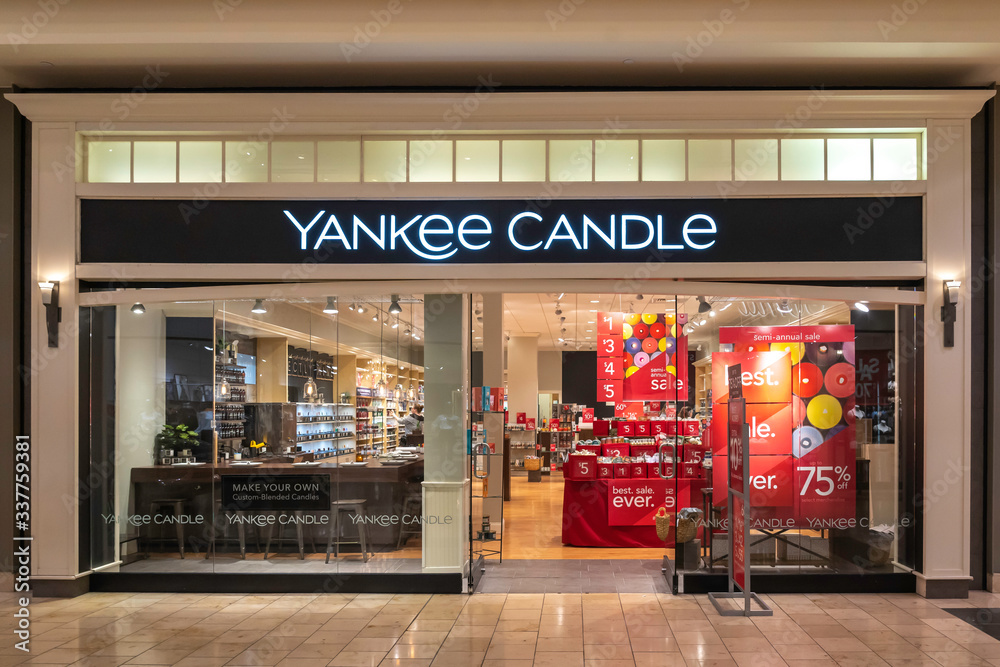 Tampa, Florida, USA - February 23, 2020: One of the Yankee Candle store in  the mall in