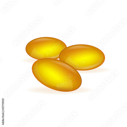 3d oil capsule for marketing design. Golden omega 3 on white background. Cosmetic symbol icon. . Logo design. Isolated vector sign symbol.