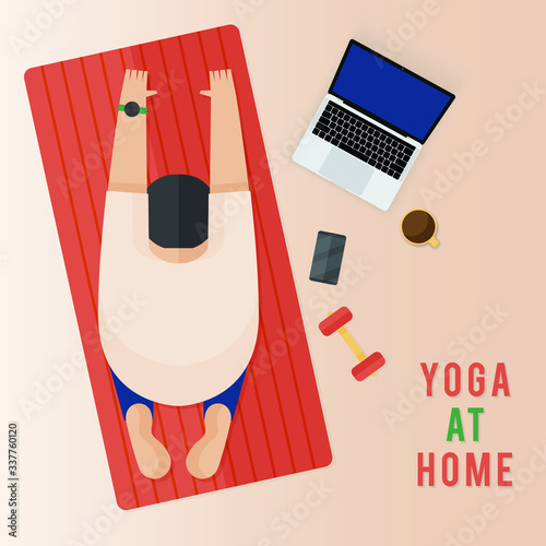 Women doing yoga activity at home. Stay at home and things to do in self isolation and social distancing during epidemic of corona virus. Home workout. topview.