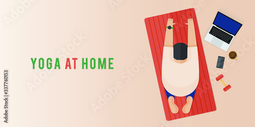 Women doing yoga activity at home. Stay at home and things to do in self isolation and social distancing during epidemic of corona virus. Home workout. topview.