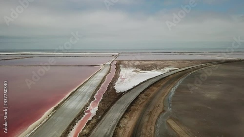 4K aerial drone video of salt works factory wide pink salty water evaporation ponds, in outskirts of coastal harbour town Walvis Bay, Namib Desert, Atlantic Ocean west coast, Namibia, southern Africa photo