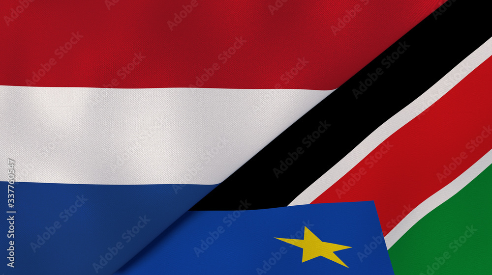 The flags of Netherlands and South Sudan. News, reportage, business background. 3d illustration The flags of Netherlands and South Sudan. News, reportage, business background. 3d illustration