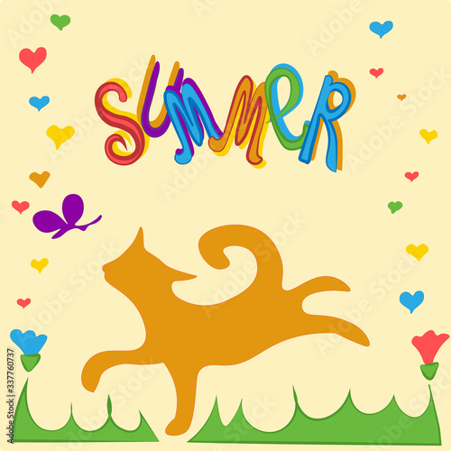 Summer funny cat chasing butterfly. Hand drown doodle red cat runs with the word summer. For greeting card, t shirt print, banners and element design