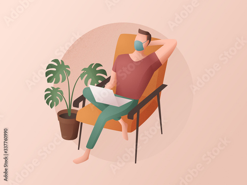 Quarantine lockdown illustration. Working from home vector poster. A man wearing medical mask sitting in a chair in home office with a laptop. Grain texture flat illustration