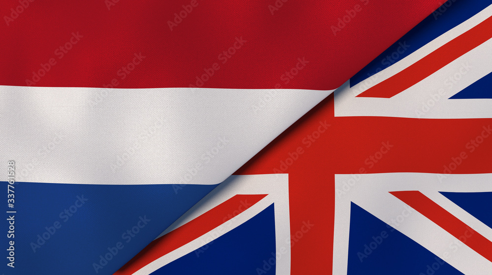 The flags of Netherlands and United Kingdom. News, reportage, business background. 3d illustration The flags of Netherlands and United Kingdom. News, reportage, business background. 3d illustration