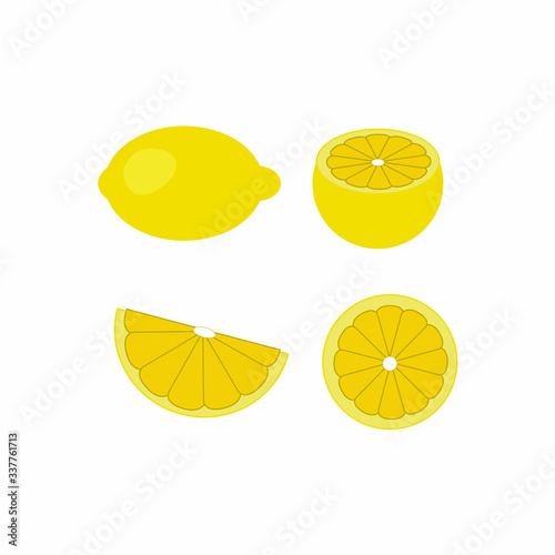 Vector flat illustration. Set of juicy bright lemons, cut up, a slice, a whole isolated on white. Design elements for textile, packaging , holiday packages, wrapping, scrapbooking, wallpaper, banner.