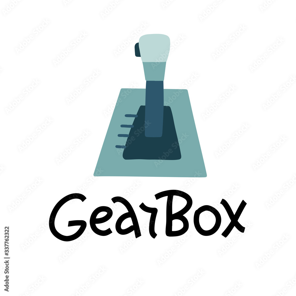 Automat gearshift illustration with hand letttering text Gearbox . Color flat design Automat gearshift illustration with hand letttering text Gearbox . Color flat design