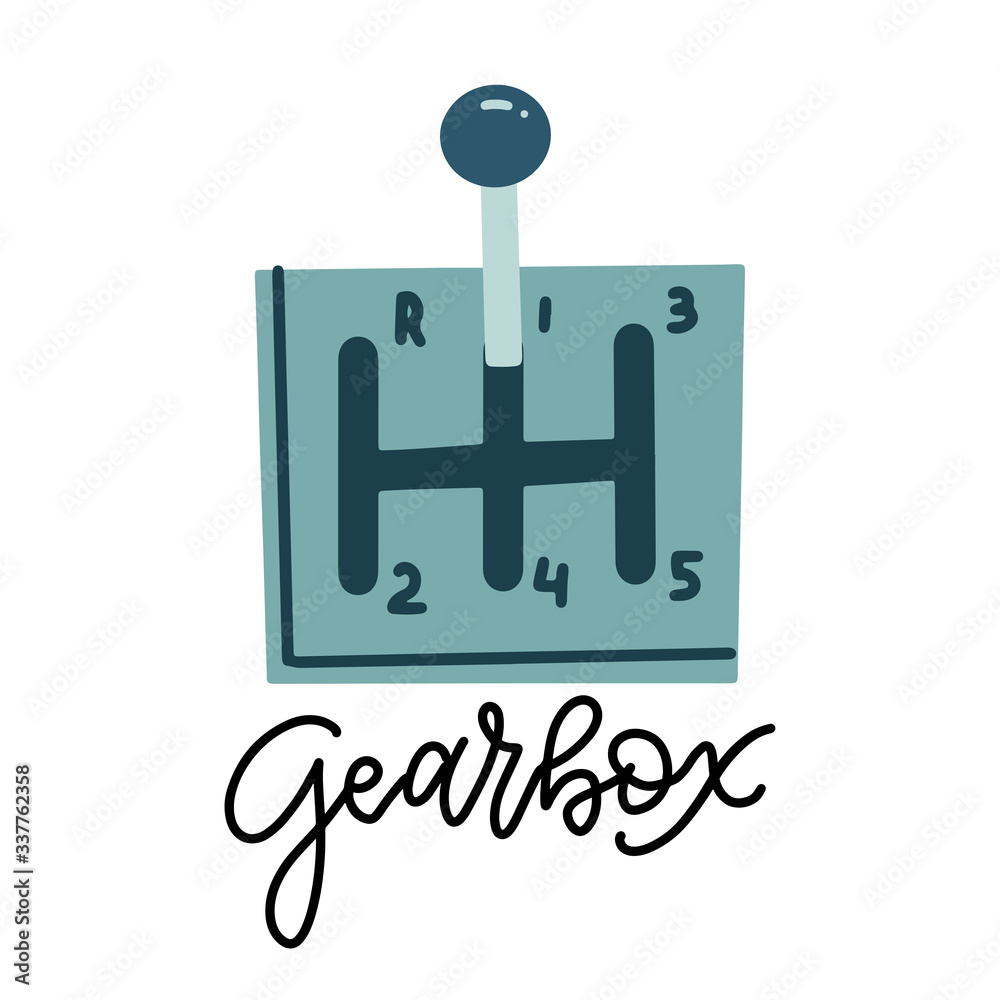 Car auto gearbox Flat illustration of car auto gearbox vector icon for web design with hand lettering text