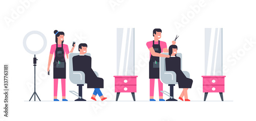 Hairdressing salon. man and woman in barbershop. Barber shop interior. Flat Style. isolated on white background