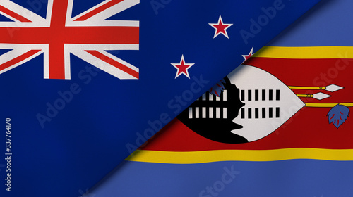 The flags of New Zealand and Eswatini. News, reportage, business background. 3d illustration photo