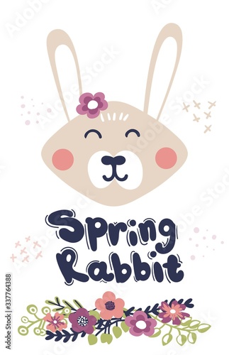 Spring card with a hare and flowers. vector illustration in flat style. bunny  rabbit  cartoon character.