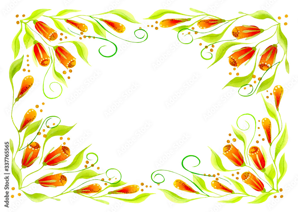 Rectangular frame of leaves and orange buds. Hand drawn illustration. Rectangular frame of leaves and orange buds. Hand drawn illustration.