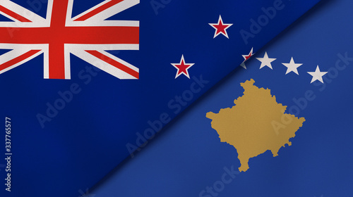 The flags of New Zealand and Kosovo. News, reportage, business background. 3d illustration photo