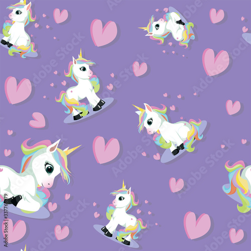 Cute Unicorn Seamless Pattern Vector Illustration - Purple Background