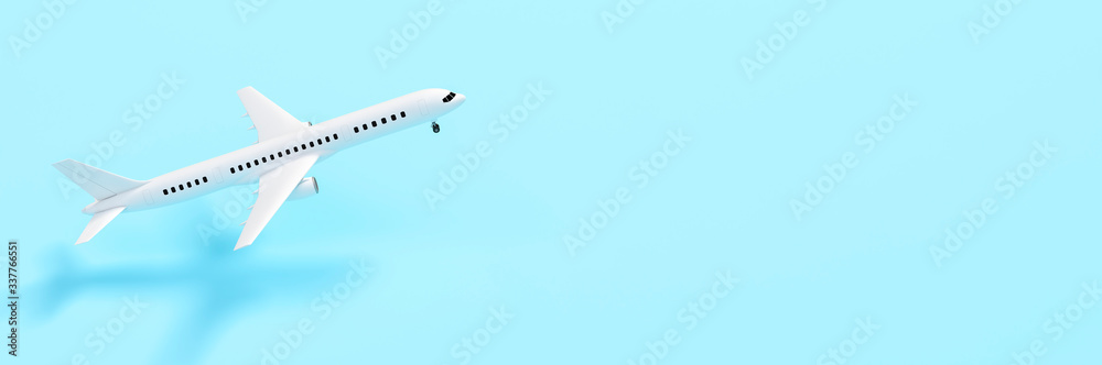 Model plane, airplane on blue color background 3d rendering. 3d illustration idea of travel, tourism, transportation and holiday card template minimal concept with space for text.
