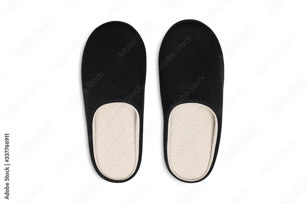 Pair of blank soft black home slippers, design mockup. Hotel bath slippers top view isolated on white background. Clear warm domestic sandal or sneakers. Bed shoes accessory footwear. Pair of blank soft black home slippers, design mockup. Hotel bath slippers top view isolated on white background. Clear warm domestic sandal or sneakers. Bed shoes accessory footwear.