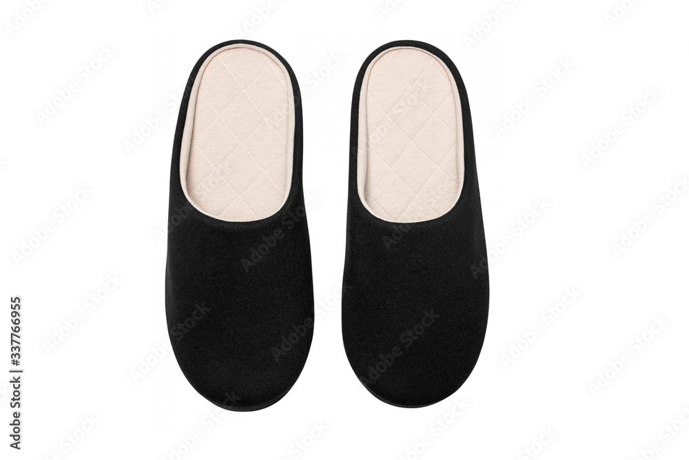 Pair of blank soft black home slippers, design mockup. Hotel bath slippers top view isolated on white background. Clear warm domestic sandal or sneakers. Bed shoes accessory footwear. Pair of blank soft black home slippers, design mockup. Hotel bath slippers top view isolated on white background. Clear warm domestic sandal or sneakers. Bed shoes accessory footwear.