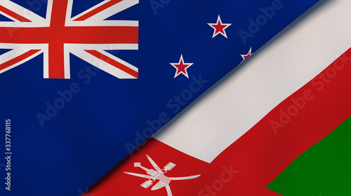 The flags of New Zealand and Oman. News, reportage, business background. 3d illustration photo