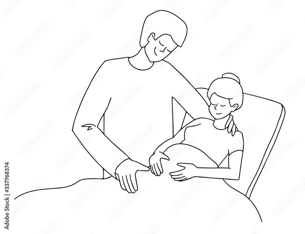 Pregnant woman in clinic. Birth partner. Happy fashion family couple hugs. Emotional support.black and white vector line style illustration