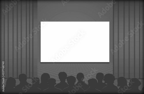 Cine, público, espectáculo, pantalla. Grupo de personas. Ilustración. Fondo blanco para añadir texto.