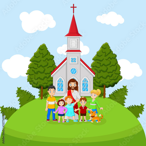Cartoon Jesus with children in a church