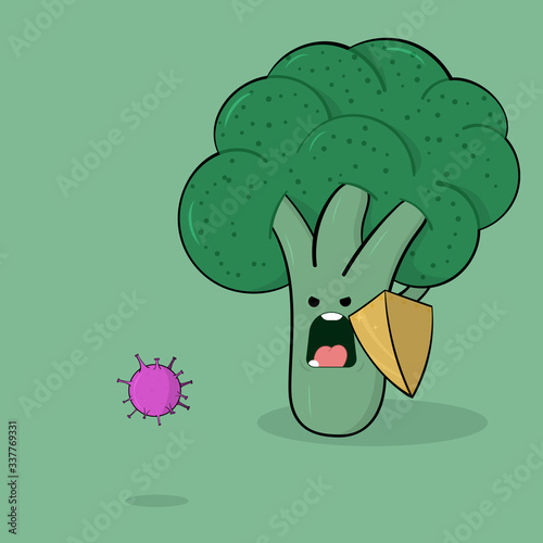 Cute cartoon broccoli drives away the coronavirus. Vector cartoon character on an isolated green background.