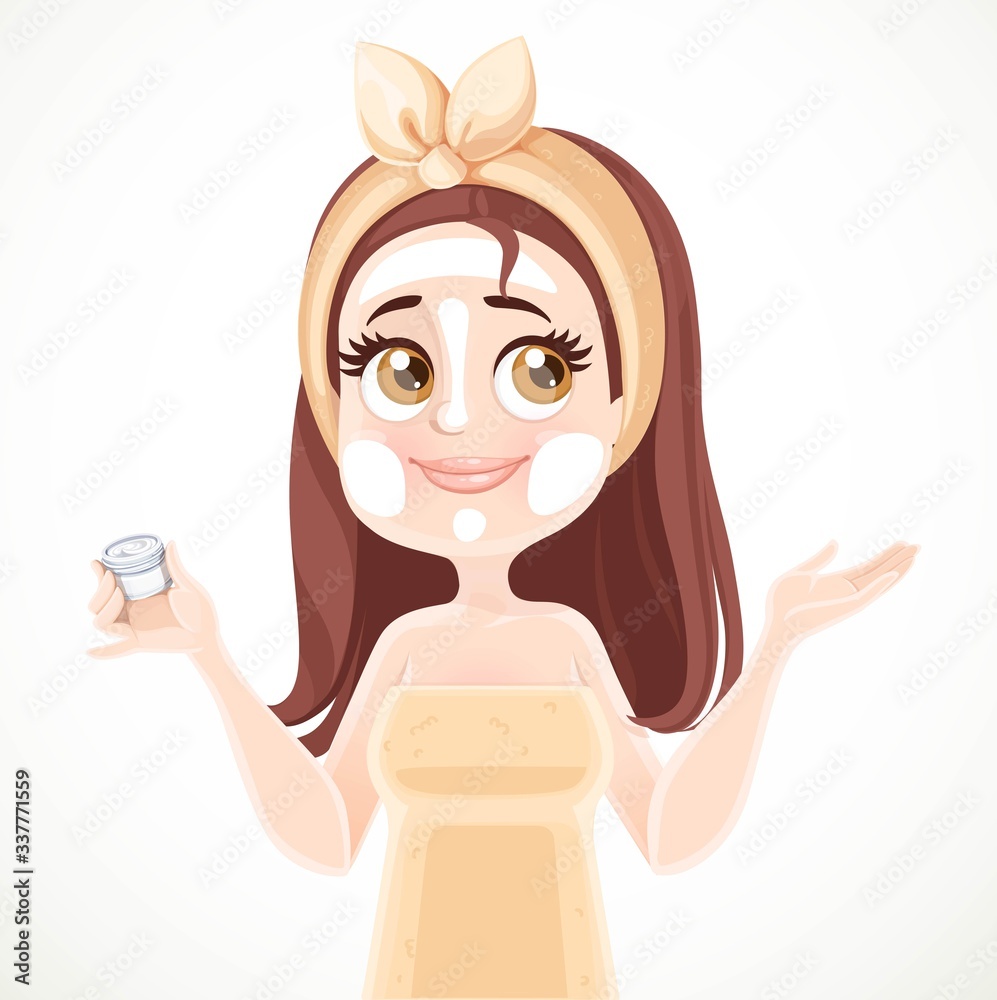 Cute girl in a bath towel and tied hair applies cream isolated on white background Cute girl in a bath towel and tied hair applies cream isolated on white background