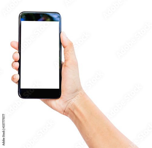 Hand holding mobile smart phone with blank screen. Isolated white background and clipping path.