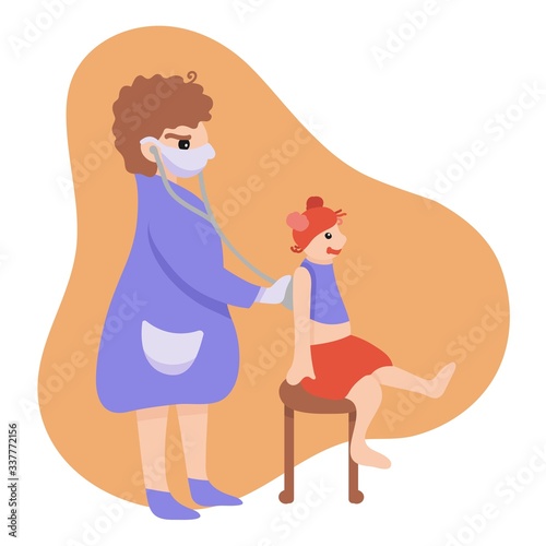 The therapist listens to a cheerful girl with a stethoscope. A general practitioner treats a little ginger girl. The concept of medicine and healthcare. Vector cartoon flat style illustration
