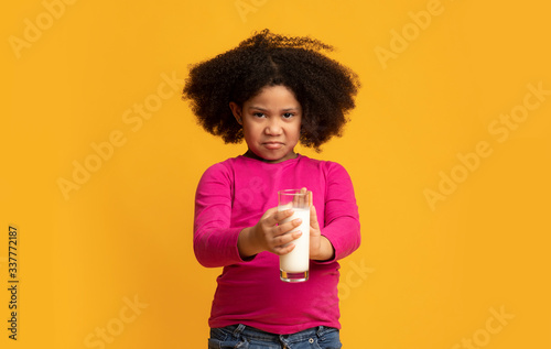 Lactose Intolerance. Stubborn Little Black Girl Rejecting To Drink Milk