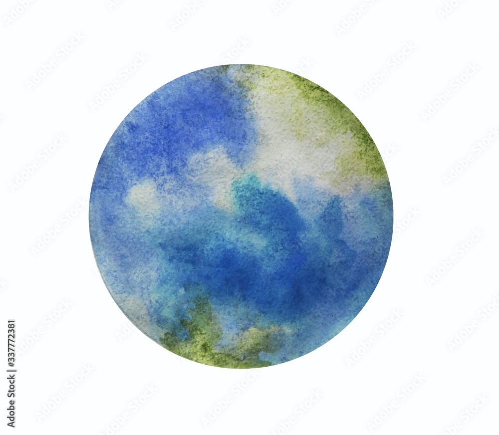 Space planet. The blue ocean is replaced by a white desert and green areas. Watercolor drawing of a fantastic space object. Aquarelle illustration isolated on white. Space planet. The blue ocean is replaced by a white desert and green areas. Watercolor drawing of a fantastic space object. Aquarelle illustration isolated on white.
