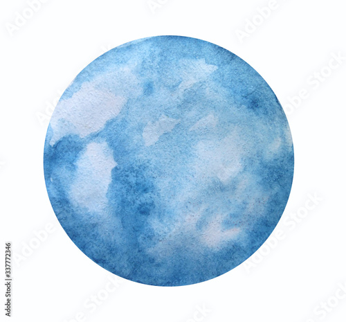 Watercolor blue planet. The planet consists of water and ice. Fantastic space object isolated on white background for design.
