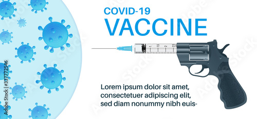 Virus, coronavirus, covid 19 vaccine concept. Syringe with vaccine as gun for virus destruction. Coronavirus, covid 19 vaccination banner or poster. Vector illustration.