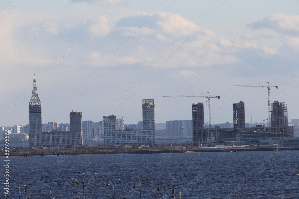 Saint-Petersburg panorama view from yakhtenniy bridge. Cloudy day