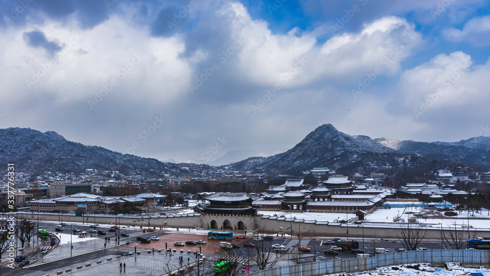 Winter and snow at Gyeongbokgung Palace in Seoul ,South Korea